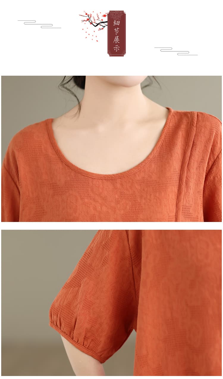 실사 여름 섹션 면 린넨 문예 루즈핏 중간 소매 라운드 넥 맨위 반팔 티셔츠 허리밴드 와이드 레깅스 바지 상세 이미지 34