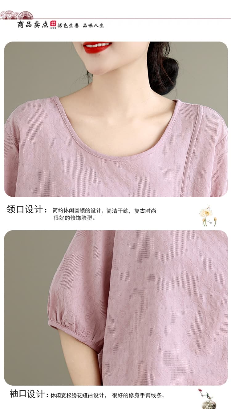 실사 여름 섹션 면 린넨 문예 루즈핏 중간 소매 라운드 넥 맨위 반팔 티셔츠 여성 상세 이미지 4