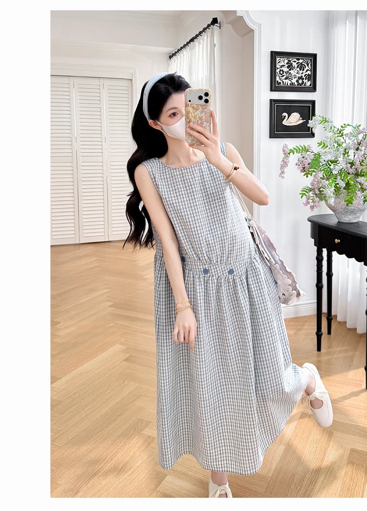 실사 지금 임산부 드레스 2026 여름 새로운 패션 체크무늬 조끼 스커트 프랑스식 레트로 디자인 센스 드레스 상세 이미지 11
