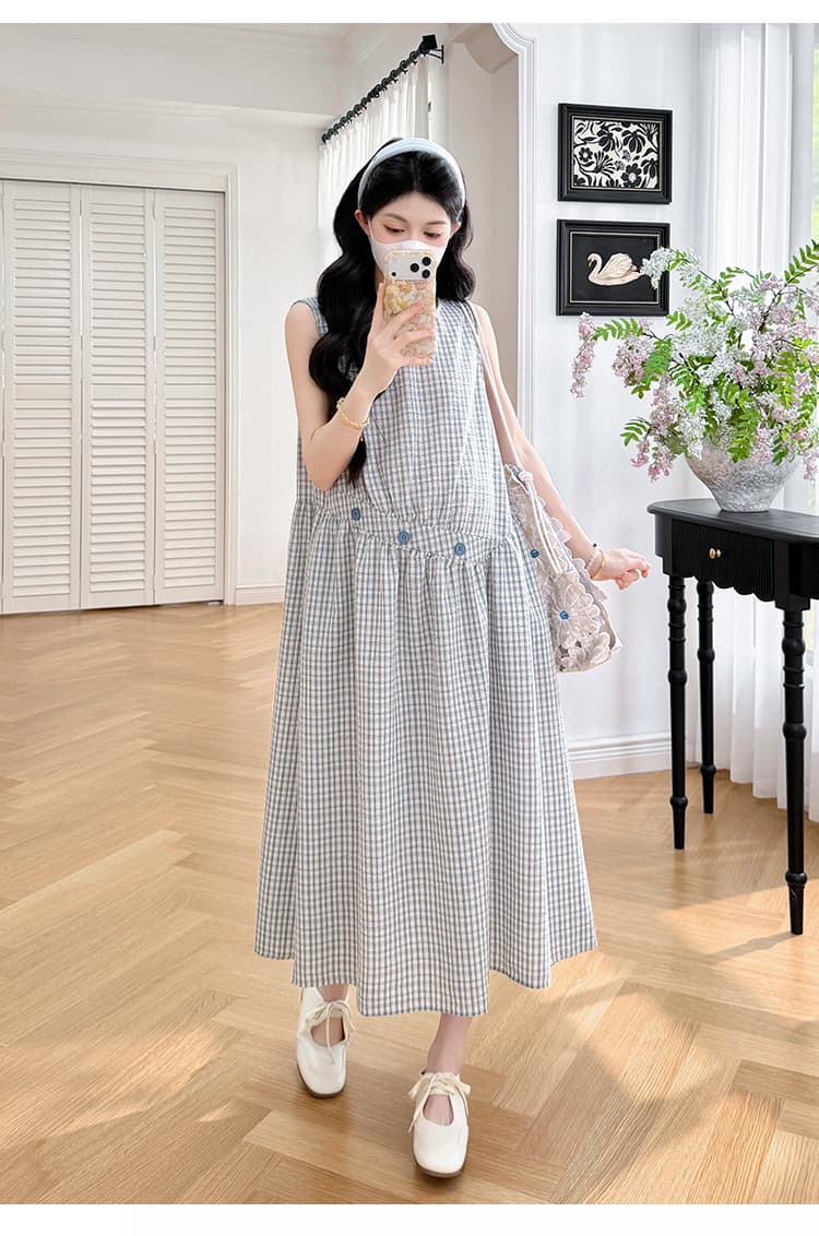 실사 지금 임산부 드레스 2026 여름 새로운 패션 체크무늬 조끼 스커트 프랑스식 레트로 디자인 센스 드레스 상세 이미지 14