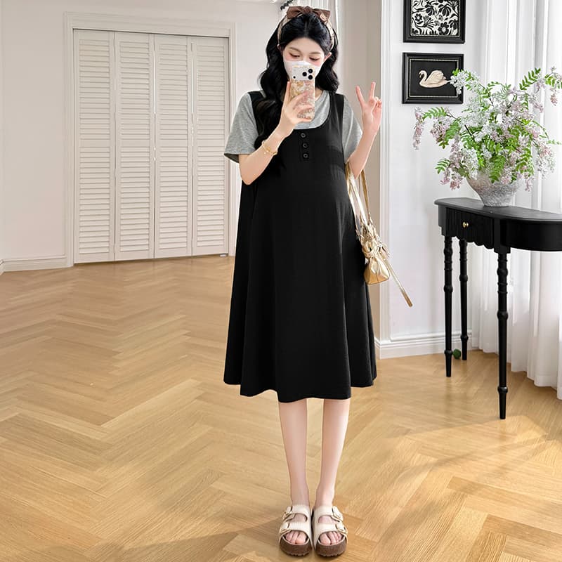 실사 지금 지금 임산부 치마 여름 드레스 패션 페이크 레이어드 패치워크 루즈핏 슬림해 보이는 트렌디 엄마 치마 고급 센스 드레스 이미지 5