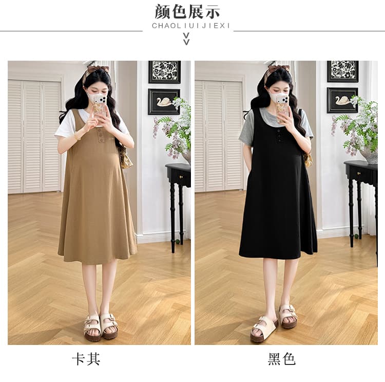 실사 지금 지금 임산부 치마 여름 드레스 패션 페이크 레이어드 패치워크 루즈핏 슬림해 보이는 트렌디 엄마 치마 고급 센스 드레스 상세 이미지 10
