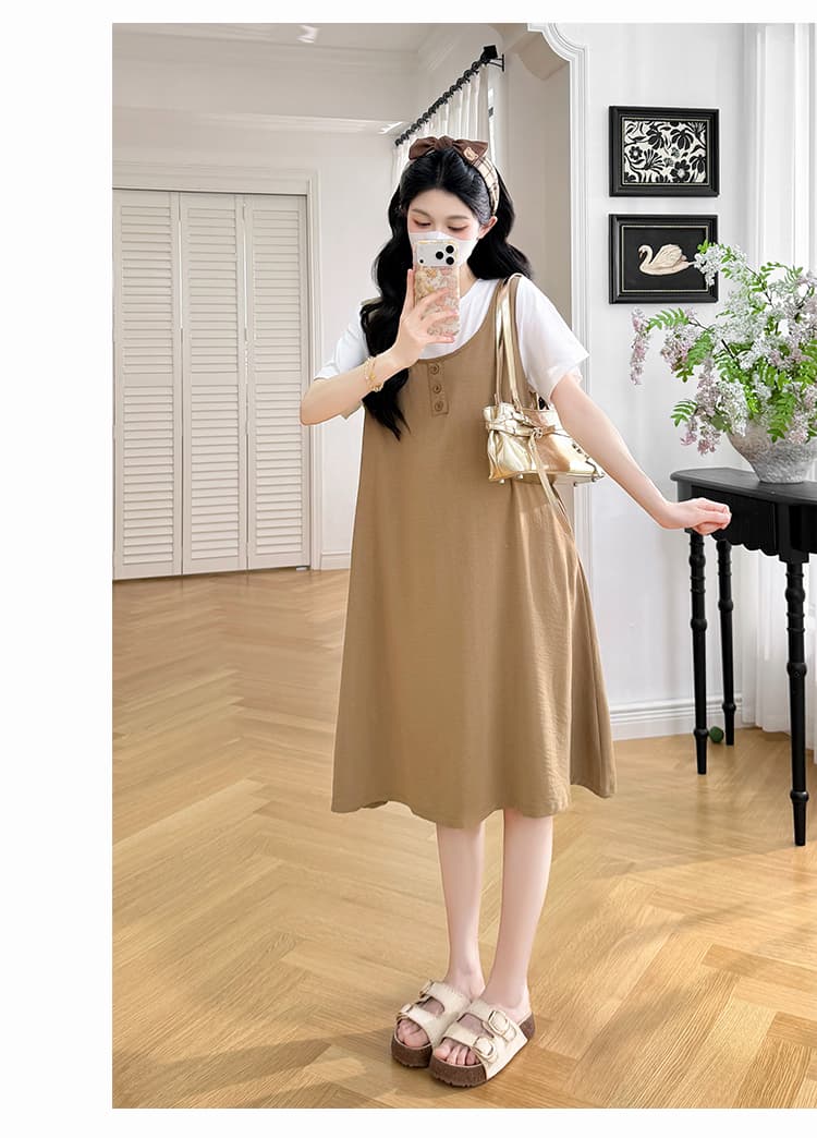 실사 지금 지금 임산부 치마 여름 드레스 패션 페이크 레이어드 패치워크 루즈핏 슬림해 보이는 트렌디 엄마 치마 고급 센스 드레스 상세 이미지 13