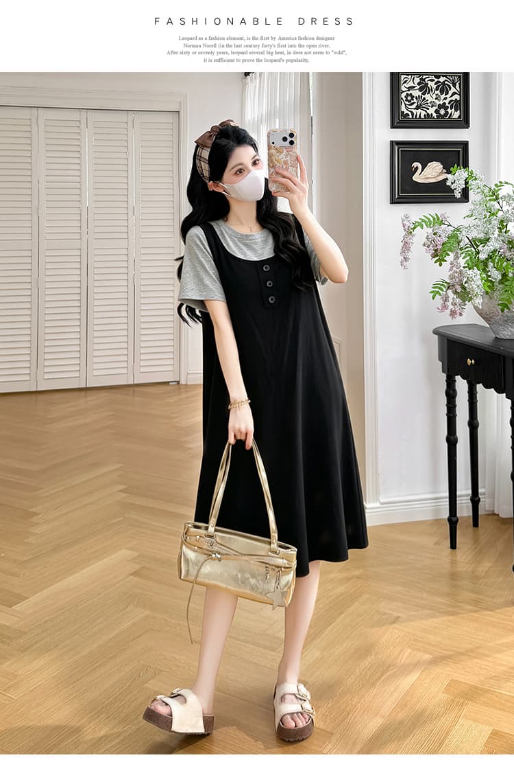 실사 지금 지금 임산부 치마 여름 드레스 패션 페이크 레이어드 패치워크 루즈핏 슬림해 보이는 트렌디 엄마 치마 고급 센스 드레스 상세 이미지 26