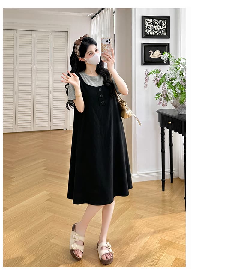 실사 지금 지금 출산 착용 여름 연령 감소 패치워크 페이크 레이어드 루즈핏 슬림해 보이는 품격 중간 길이 라운드 넥 드레스 상세 이미지 27