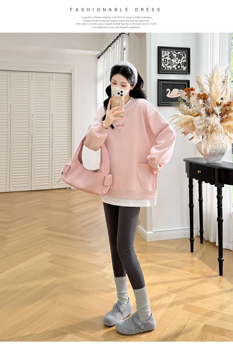 실사 재고 있음 출산 착용 가을 새로운 자수 복합 라운드 넥 다용도 캐주얼 j 페이크 레이어드 패치워크 색상 후드티 상세 이미지 27