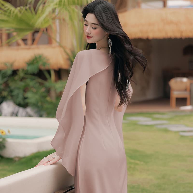 실사 프랑스식 우아함 품격 Chic 숄 칼라 디자인 허리 수축 슬림해 보이는 드레스 이미지 4