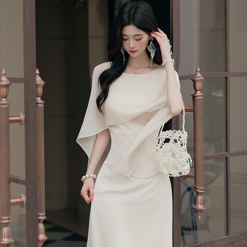실사 프랑스식 우아함 품격 Chic 숄 칼라 디자인 허리 수축 슬림해 보이는 드레스 이미지 3