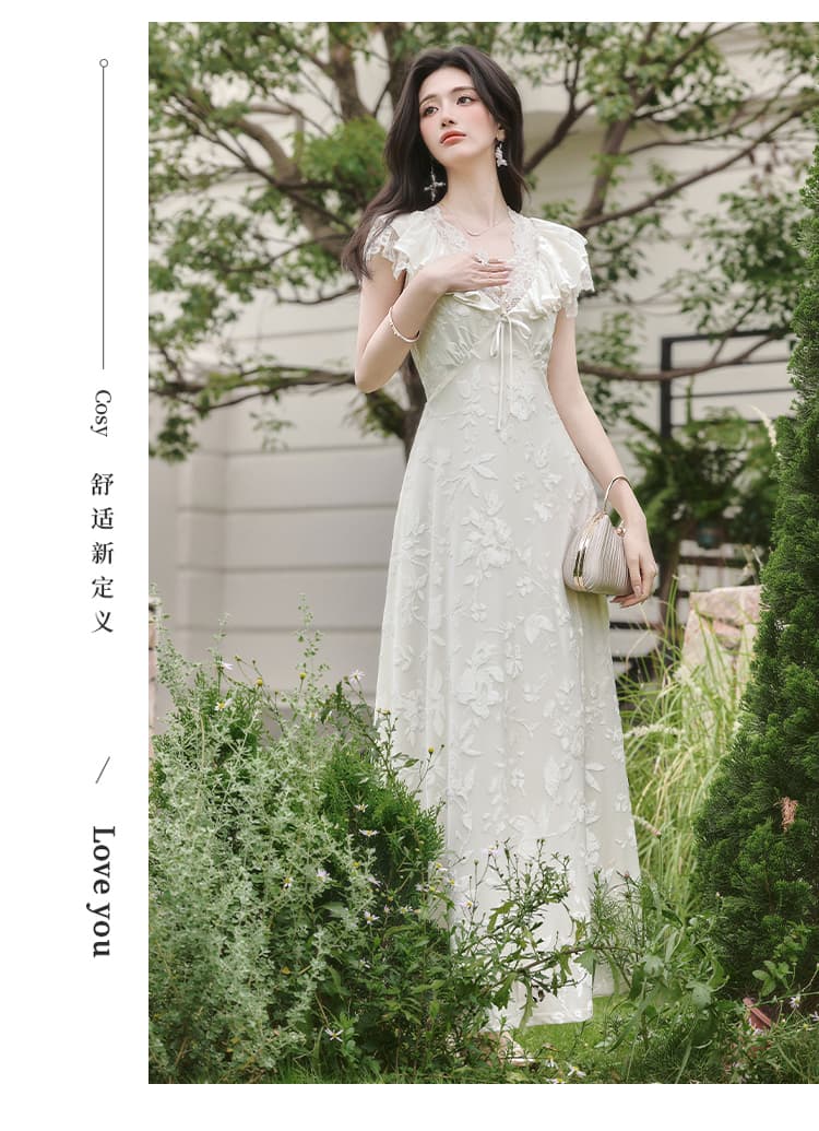 실사 센 부서 부드러운 바람 V넥 여성 드레스 질감 센스 레이스 레이스업 요정 롱 스커트 상세 이미지 15