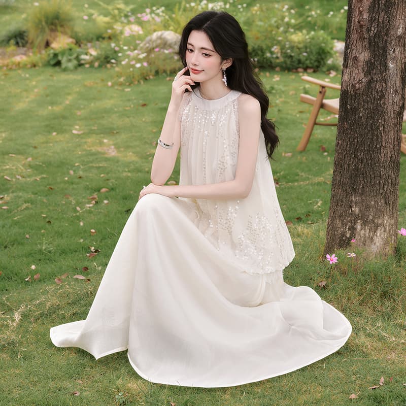 실사 프랑스식 천 금빛 바람 스팽글 민소매 행침 목 맨위 암퇘지 빛 공단 반신 치마 세트 이미지 4