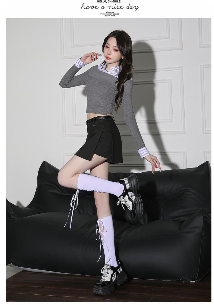 회색 하이웨이스트 정장 반신 치마바지 아이들 2025 가을 새로운 디자인 센스 측면 트임 슬림해 보이는 쇼트 스타일 바지 상세 이미지 15