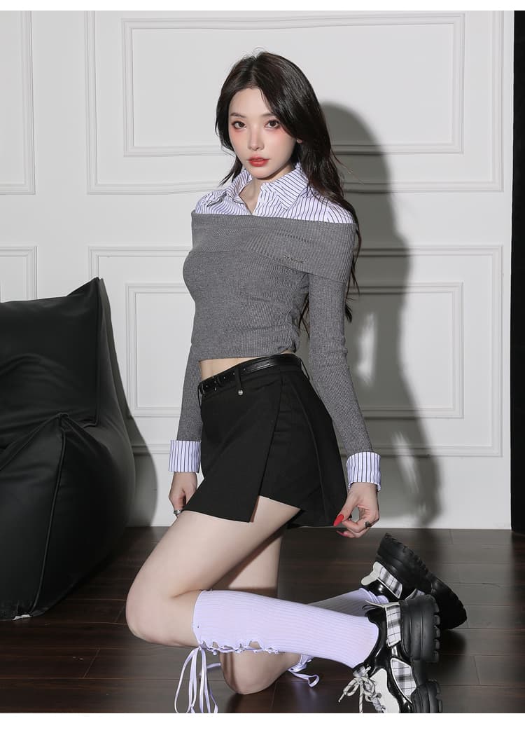 회색 하이웨이스트 정장 반신 치마바지 아이들 2025 가을 새로운 디자인 센스 측면 트임 슬림해 보이는 쇼트 스타일 바지 상세 이미지 17