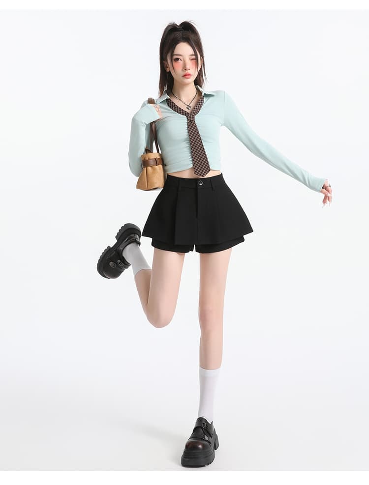 실사 미니 스커트 여성 2026 조기 가을 새로운 한국 스타일 ins 홍콩 느낌 레트로 미니멀리즘 포즈 하이웨이스트 한 마디 반바지 상세 이미지 30