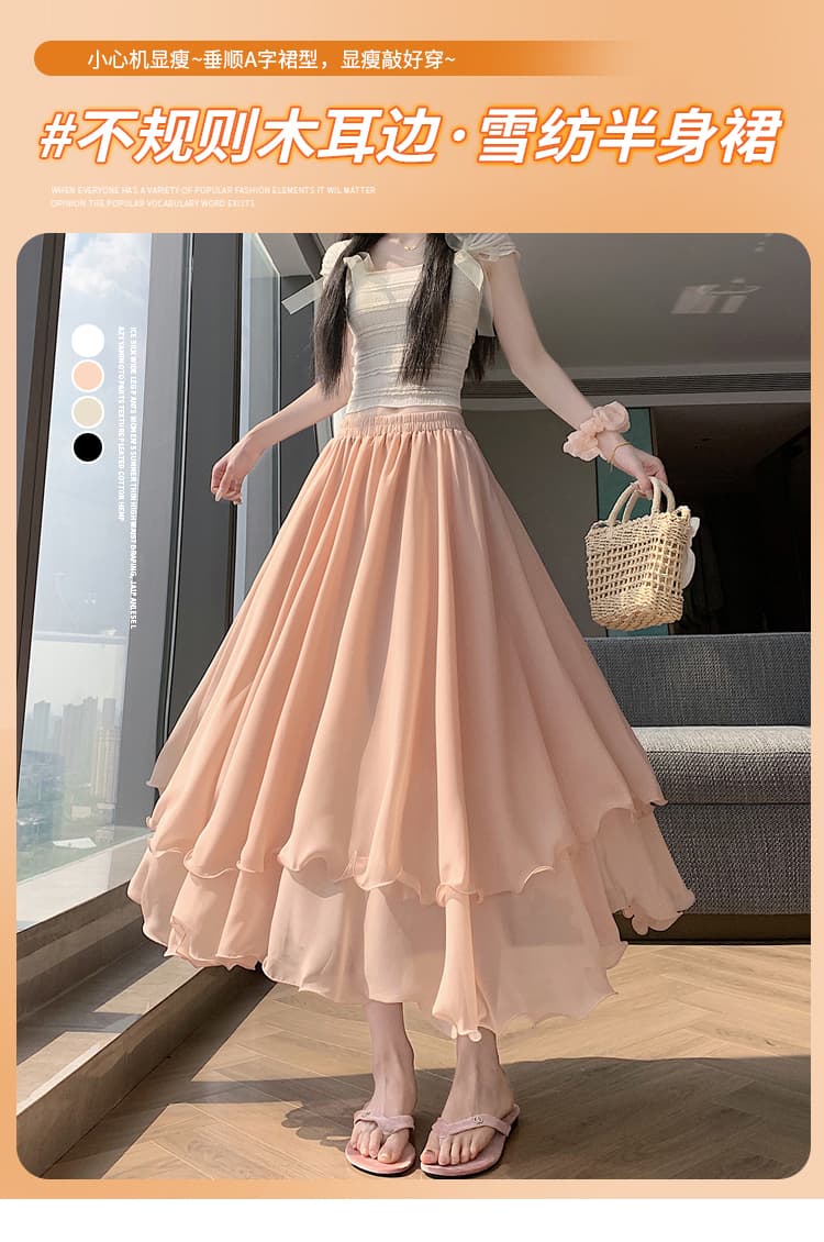 화이트 불규칙 쉬폰 반신 스커트 여성 여름 얇은 스타일 작은 키 하이웨이스트 한 마디 중간 길이 우산 치마 상세 이미지 1