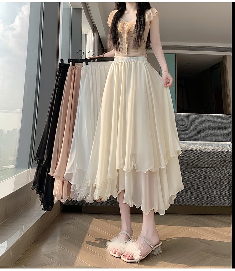 화이트 불규칙 쉬폰 반신 스커트 여성 여름 얇은 스타일 작은 키 하이웨이스트 한 마디 중간 길이 우산 치마 상세 이미지 15