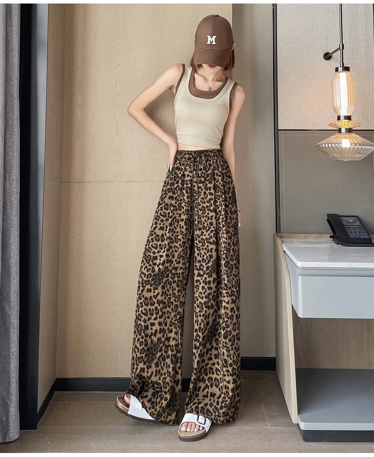 2026 바지 여름 쉬폰 하이웨이스트 레트로 레오파드 무늬 프린트 와이드 레깅스 바지 루즈핏 슬림해 보이는 바닥 청소 바지 상세 이미지 34