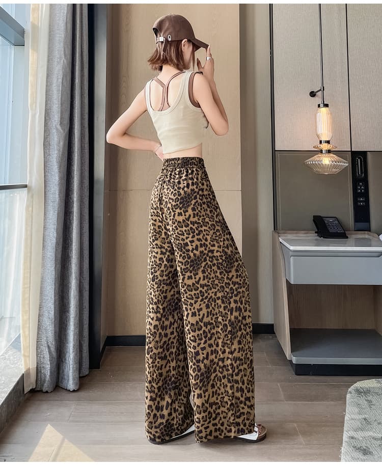 2026 바지 여름 쉬폰 하이웨이스트 레트로 레오파드 무늬 프린트 와이드 레깅스 바지 루즈핏 슬림해 보이는 바닥 청소 바지 상세 이미지 38