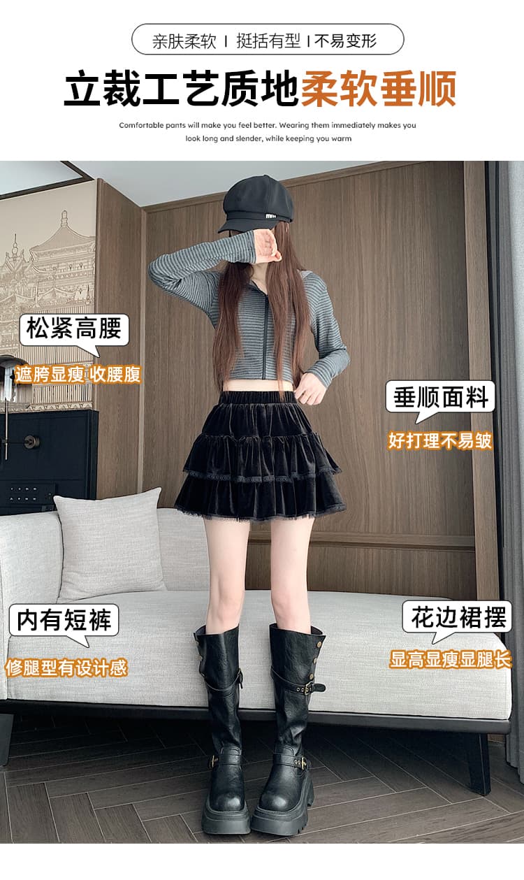 실사 가을 새로운 한 부서 퍼프 케이크 드레스 벨벳 미니 스커트 다용도 달콤함 귀여운 연령 감소 반신 스커트 여성 상세 이미지 9