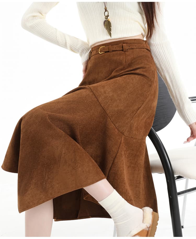 실사 레트로 스웨이드 원단 불규칙 한 마디 반신 스커트 여성 가을 새로운 벨트 포함 핫걸 하이웨이스트 중간 길이 스커트 상세 이미지 30