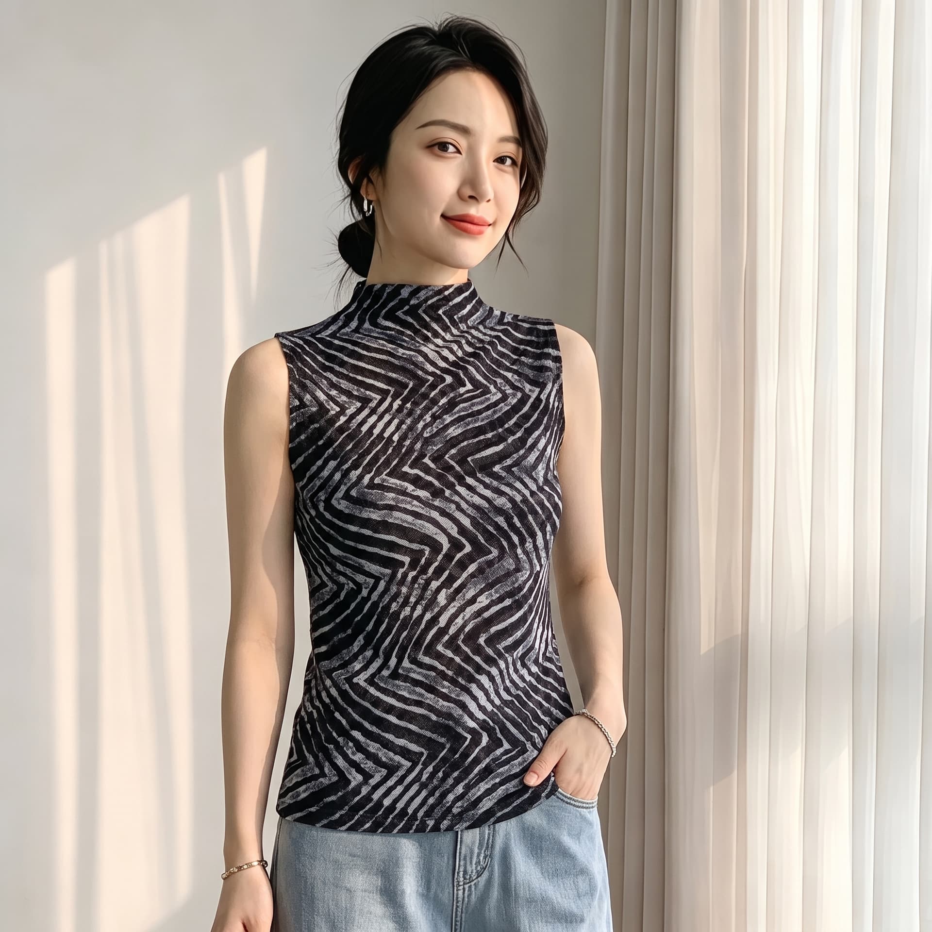 2026 가을 여름 새로운 민소매 얼룩말 곡물 조끼 여성 반하이넥 몸매 가꾸기 슬림해 보이는 가을 의상 인사이드 가져 가라. 외출용 맨위