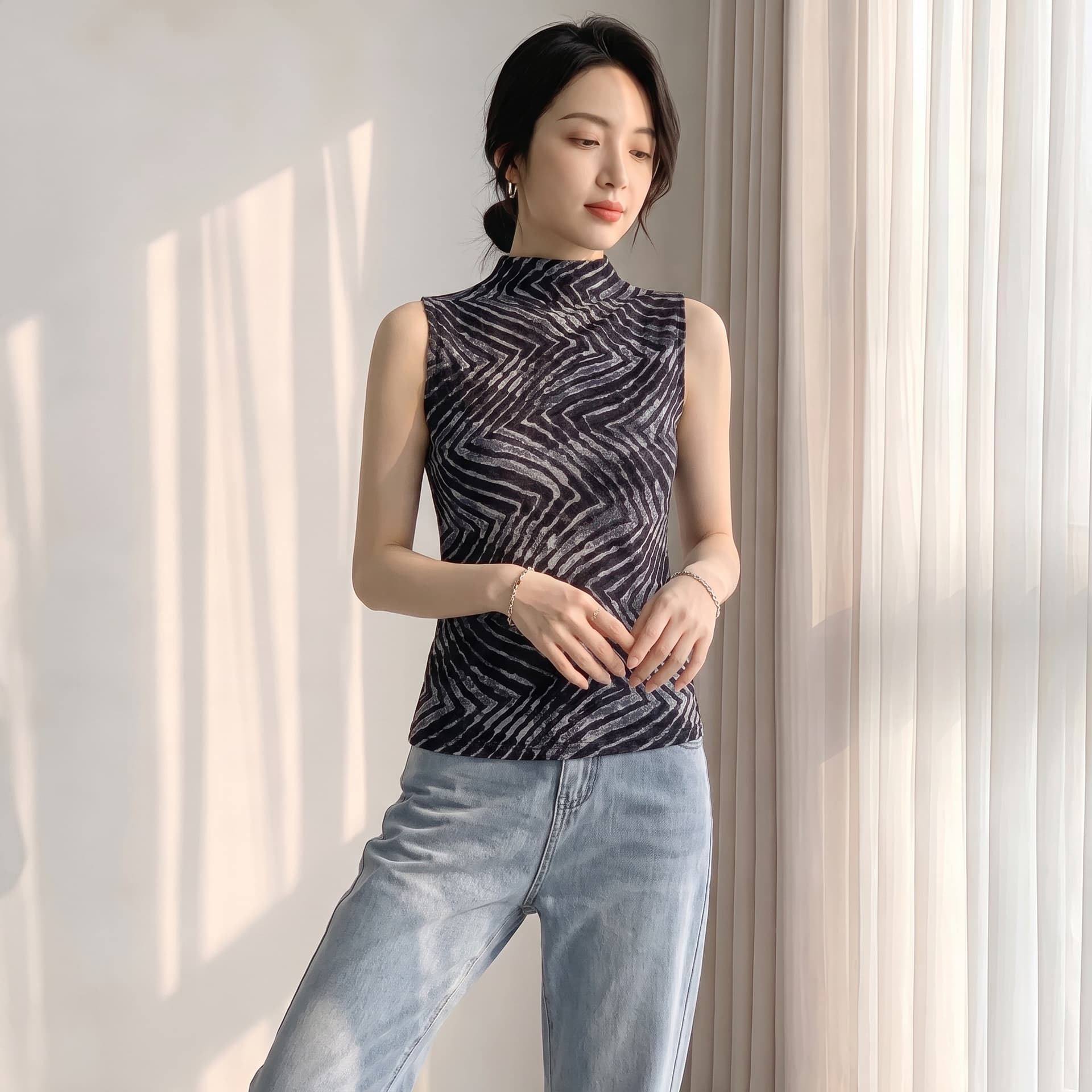 2026 가을 여름 새로운 민소매 얼룩말 곡물 조끼 여성 반하이넥 몸매 가꾸기 슬림해 보이는 가을 의상 인사이드 가져 가라. 외출용 맨위 상세 이미지 7