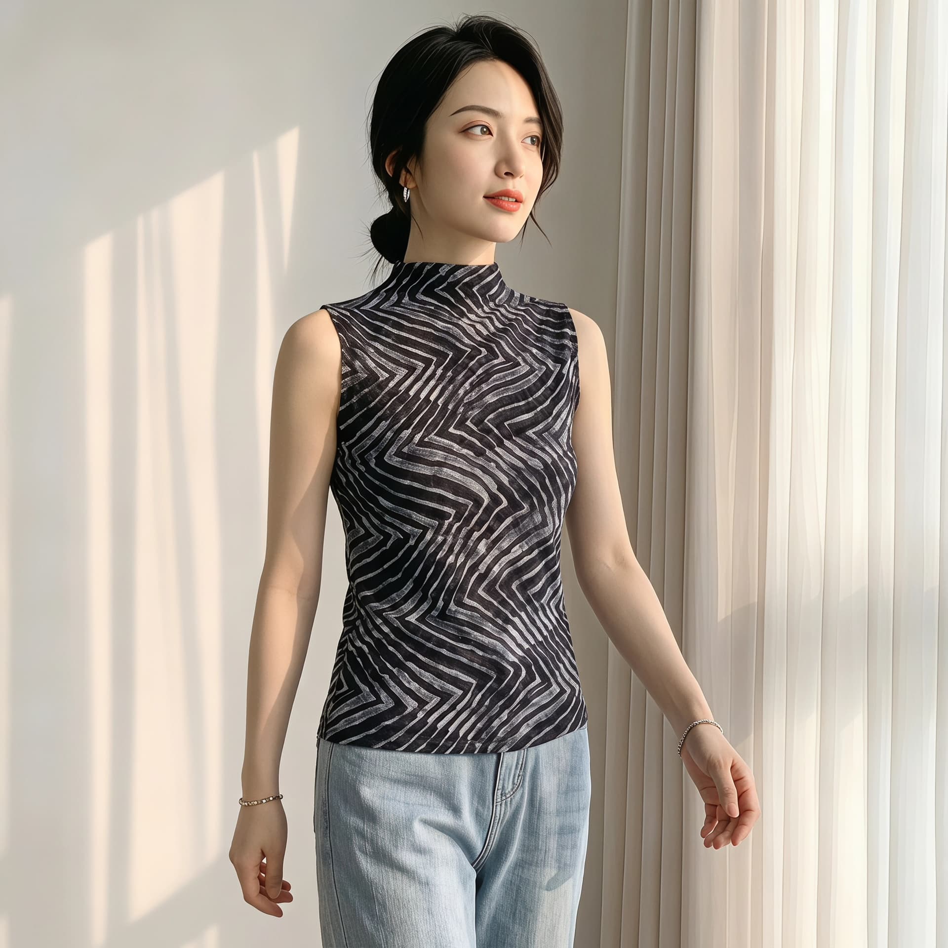 2026 가을 여름 새로운 민소매 얼룩말 곡물 조끼 여성 반하이넥 몸매 가꾸기 슬림해 보이는 가을 의상 인사이드 가져 가라. 외출용 맨위 상세 이미지 9