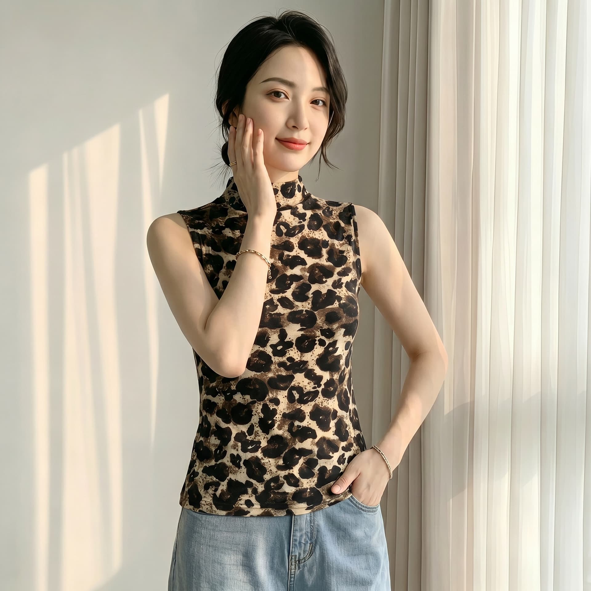 2026 가을 의상 새로운 레오파드 무늬 민소매 스탠드 칼라 조끼 여성 식물 플러시 질감 몸매 가꾸기 슬림해 보이는 인사이드 가져 가라. 외출용 맨위 이미지 2