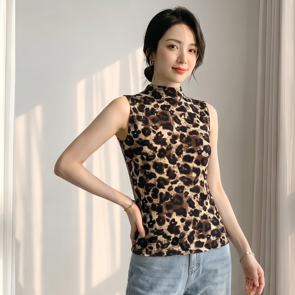 2026 가을 의상 새로운 레오파드 무늬 민소매 스탠드 칼라 조끼 여성 식물 플러시 질감 몸매 가꾸기 슬림해 보이는 인사이드 가져 가라. 외출용 맨위 이미지 3