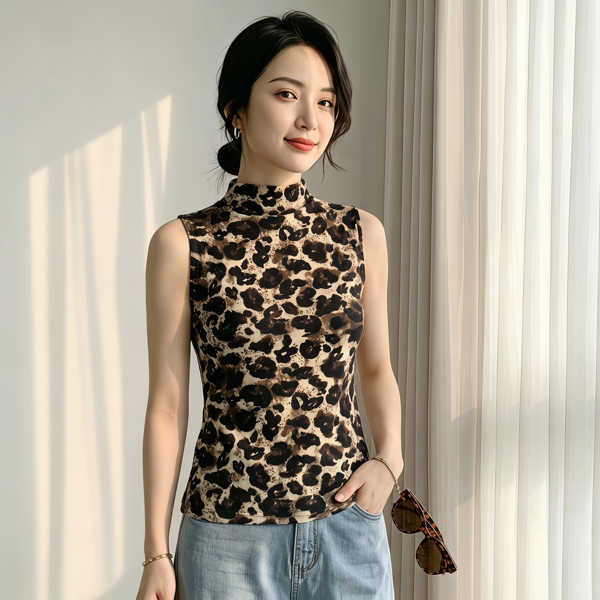 2026 가을 의상 새로운 레오파드 무늬 민소매 스탠드 칼라 조끼 여성 식물 플러시 질감 몸매 가꾸기 슬림해 보이는 인사이드 가져 가라. 외출용 맨위