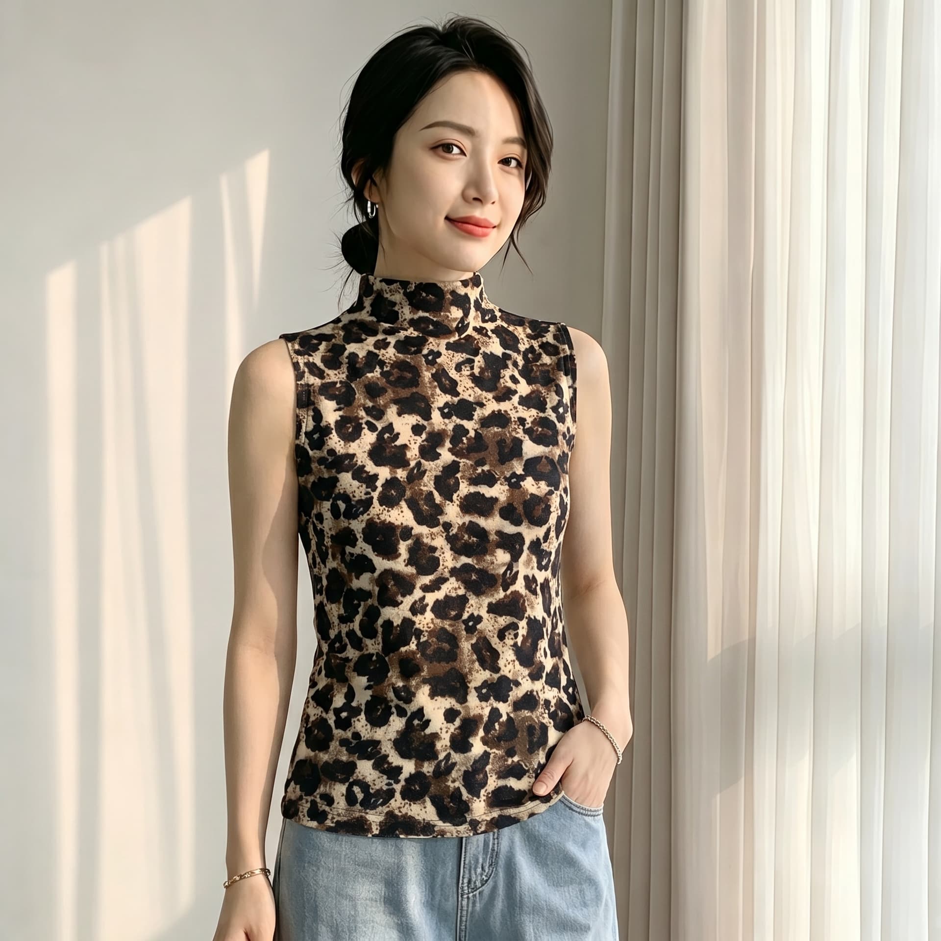 2026 가을 의상 새로운 레오파드 무늬 민소매 스탠드 칼라 조끼 여성 식물 플러시 질감 몸매 가꾸기 슬림해 보이는 인사이드 가져 가라. 외출용 맨위 상세 이미지 5