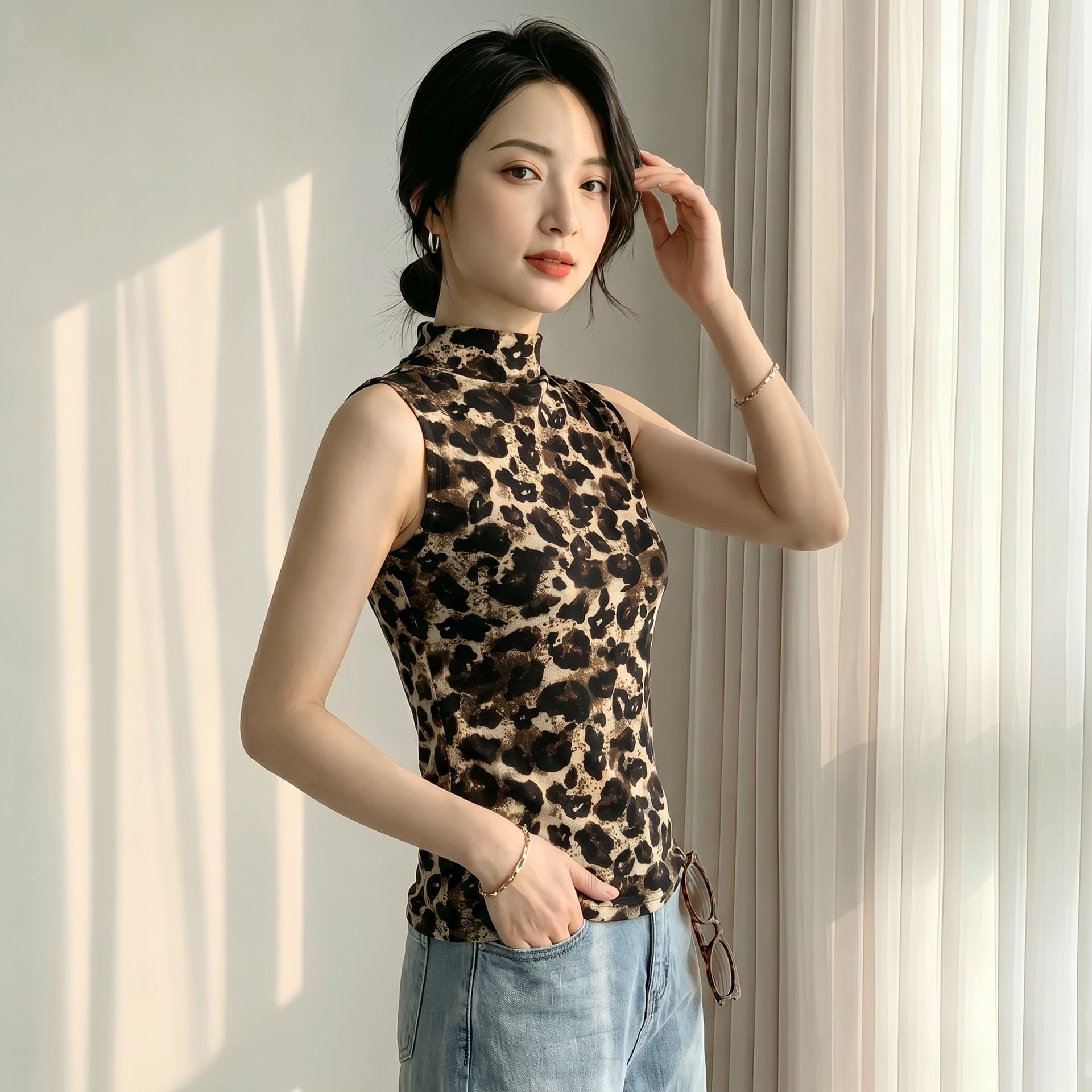 2026 가을 의상 새로운 레오파드 무늬 민소매 스탠드 칼라 조끼 여성 식물 플러시 질감 몸매 가꾸기 슬림해 보이는 인사이드 가져 가라. 외출용 맨위 상세 이미지 6