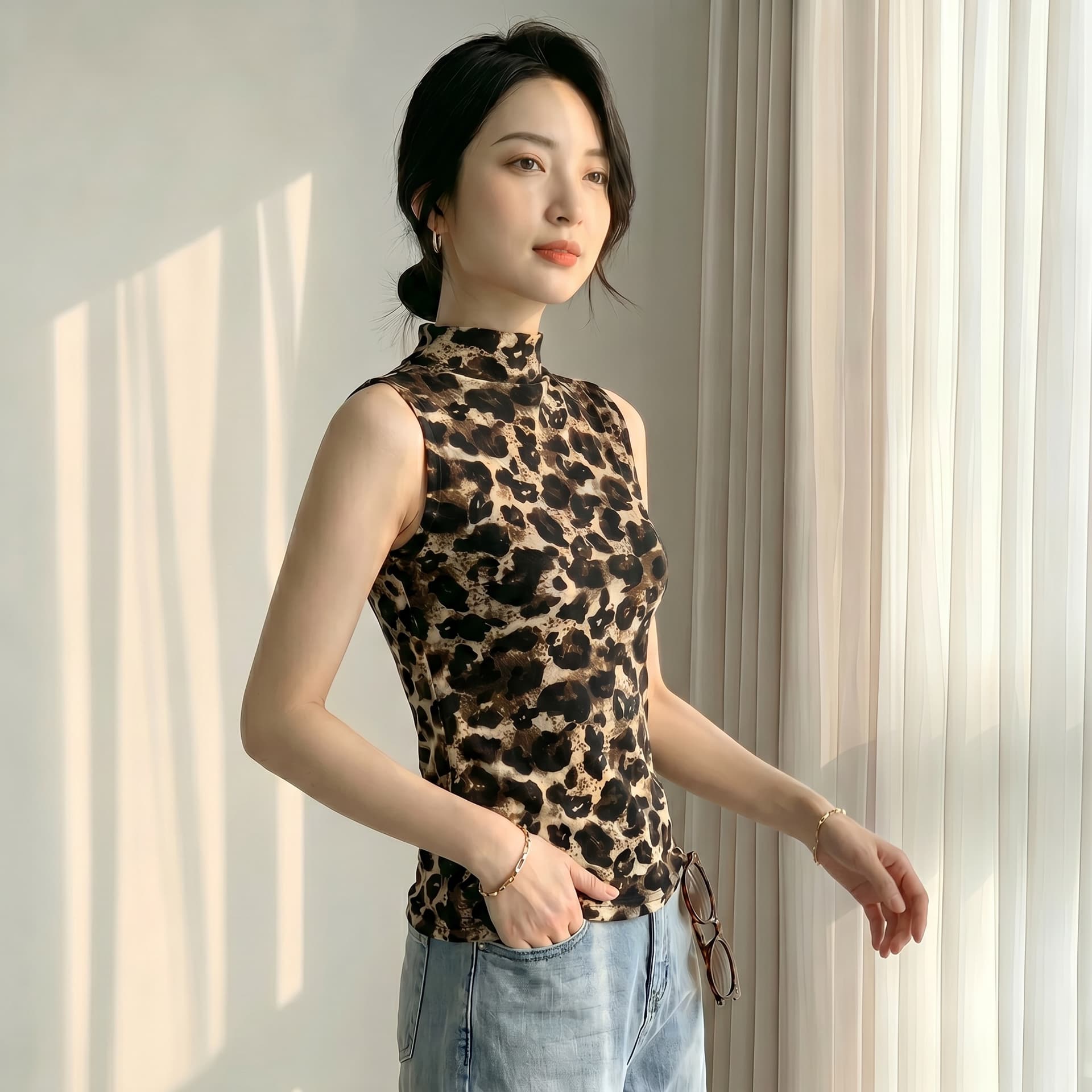 2026 가을 의상 새로운 레오파드 무늬 민소매 스탠드 칼라 조끼 여성 식물 플러시 질감 몸매 가꾸기 슬림해 보이는 인사이드 가져 가라. 외출용 맨위 상세 이미지 7