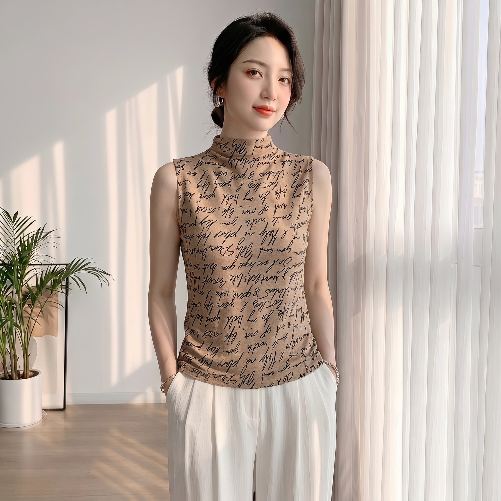 2026 가을 새로운 패션 알파벳 바퀴 프린트 민소매 반하이넥 티셔츠 여성 몸매 가꾸기 품격 맨위 작은 셔츠 상세 이미지 1
