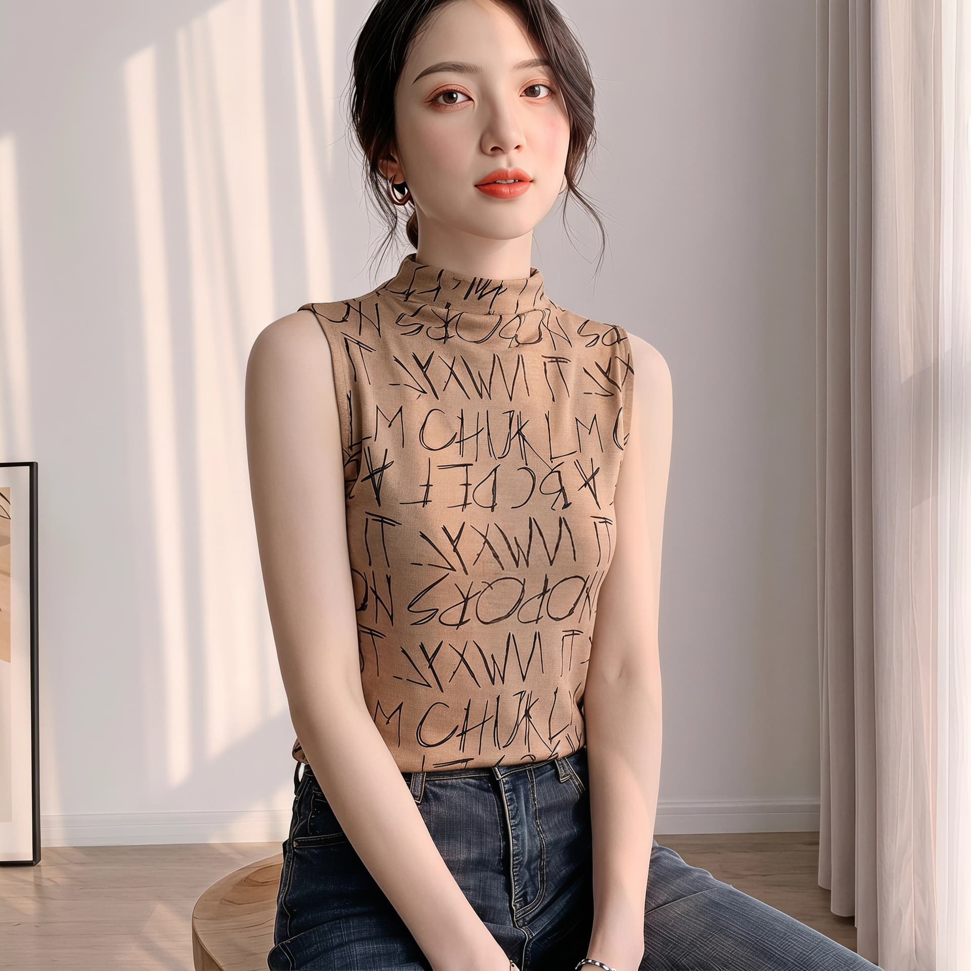 2026 가을 새로운 패션 알파벳 바퀴 프린트 민소매 반하이넥 티셔츠 여성 몸매 가꾸기 품격 맨위 작은 셔츠 상세 이미지 10