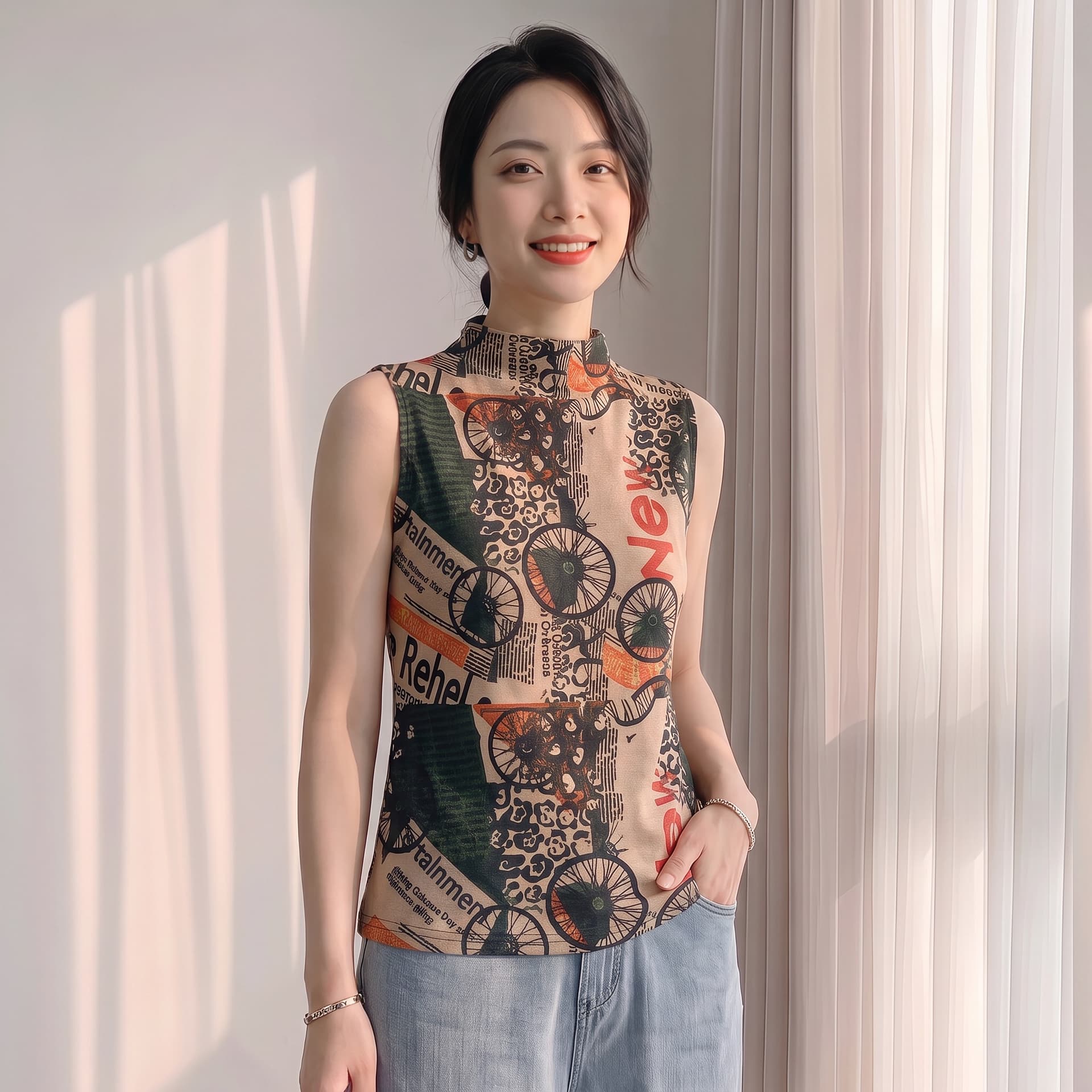 2026 가을 새로운 패션 알파벳 바퀴 프린트 민소매 반하이넥 티셔츠 여성 몸매 가꾸기 품격 맨위 작은 셔츠 상세 이미지 20
