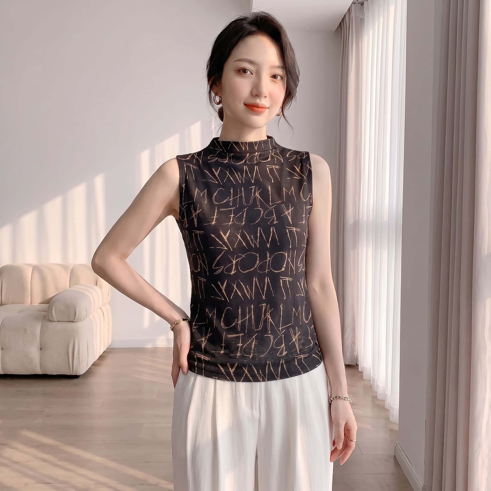 2026 가을 새로운 패션 알파벳 바퀴 프린트 민소매 반하이넥 티셔츠 여성 몸매 가꾸기 품격 맨위 작은 셔츠 상세 이미지 24