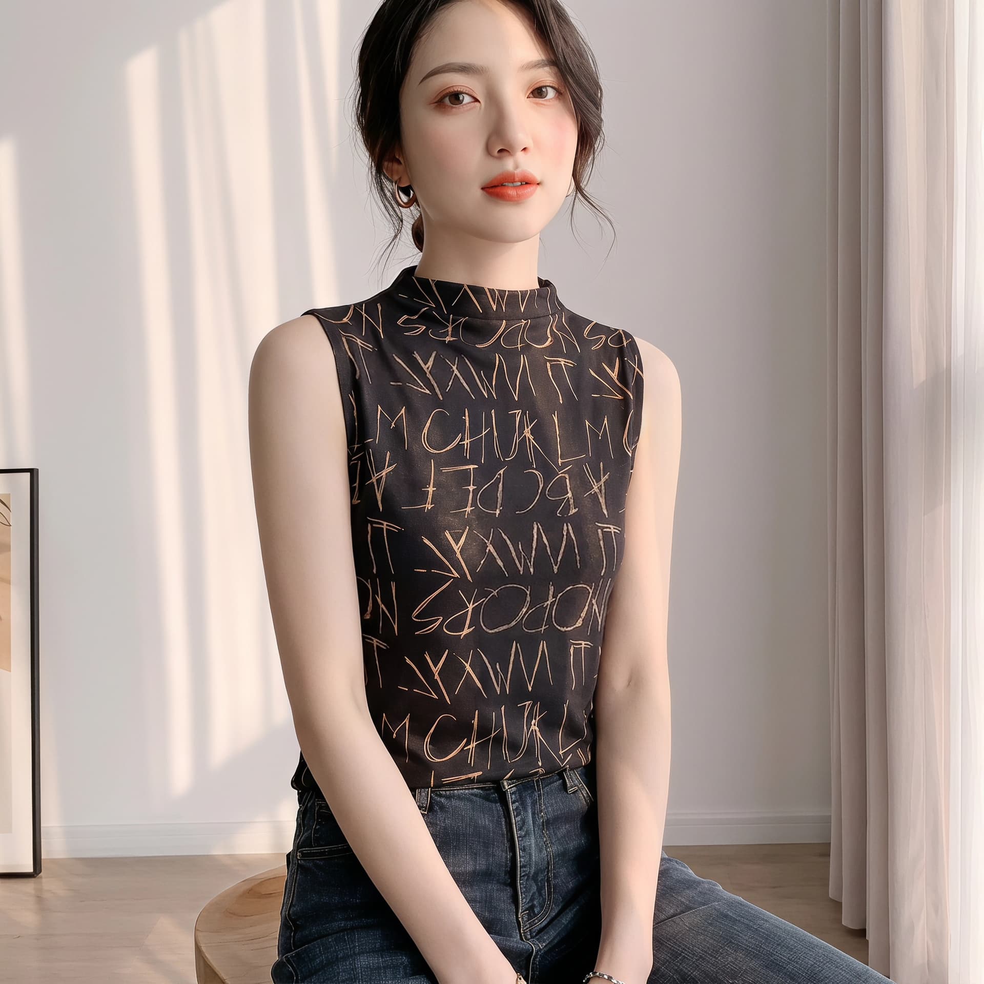 2026 가을 새로운 패션 알파벳 바퀴 프린트 민소매 반하이넥 티셔츠 여성 몸매 가꾸기 품격 맨위 작은 셔츠 상세 이미지 26