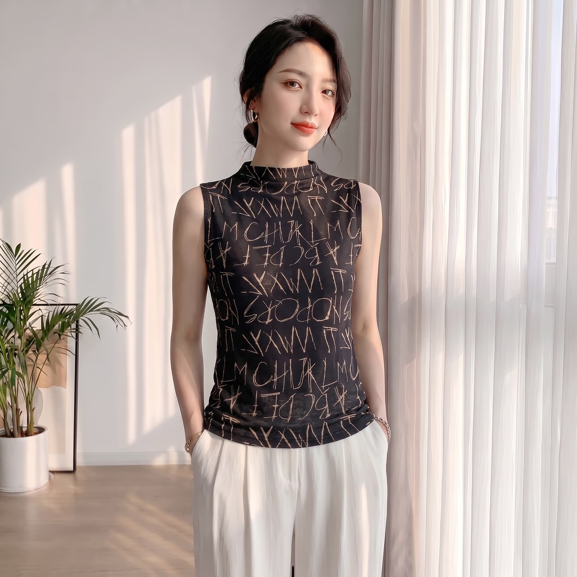 2026 가을 새로운 패션 알파벳 바퀴 프린트 민소매 반하이넥 티셔츠 여성 몸매 가꾸기 품격 맨위 작은 셔츠 상세 이미지 27