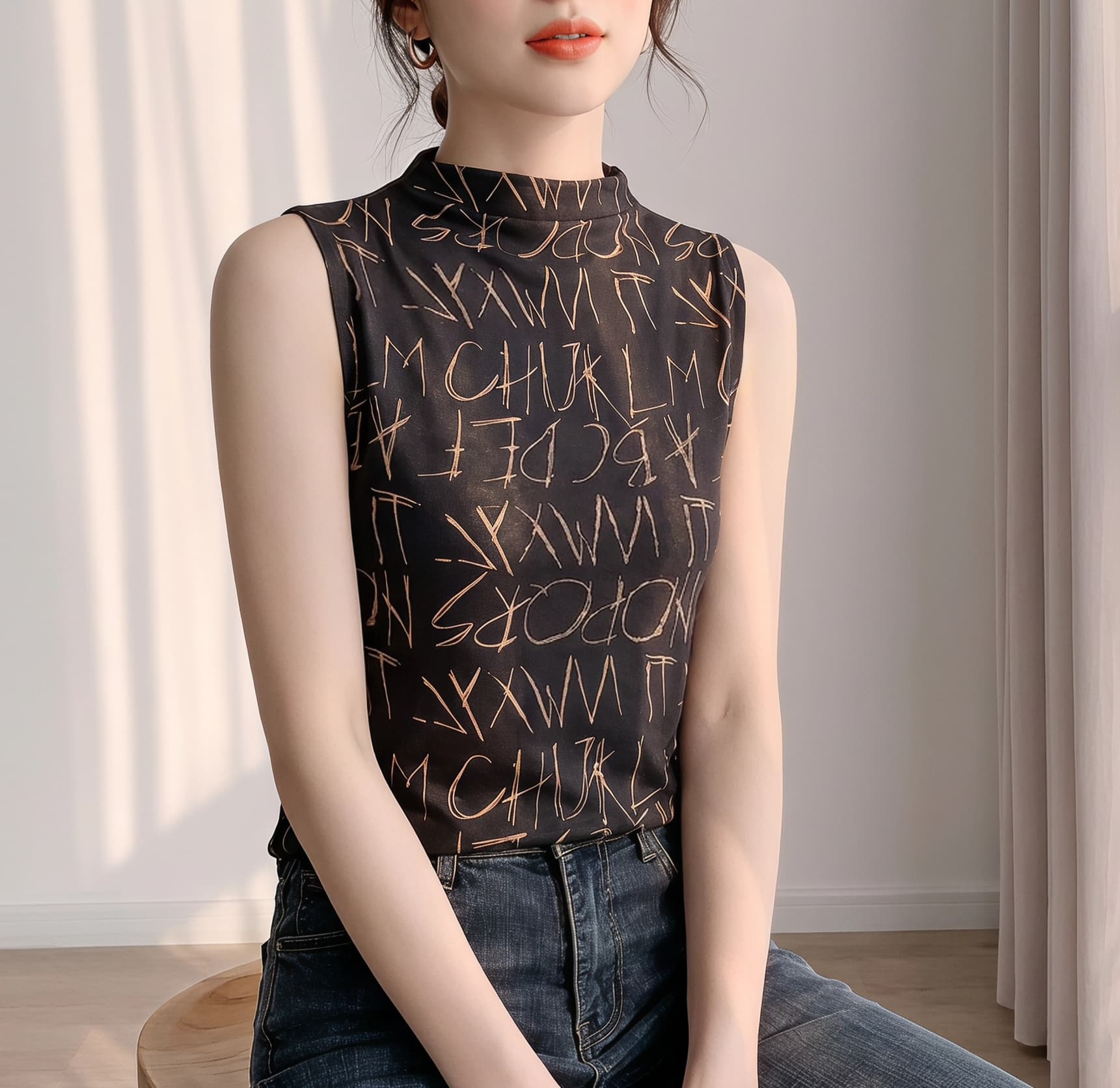 2026 가을 새로운 패션 알파벳 바퀴 프린트 민소매 반하이넥 티셔츠 여성 몸매 가꾸기 품격 맨위 작은 셔츠 상세 이미지 28
