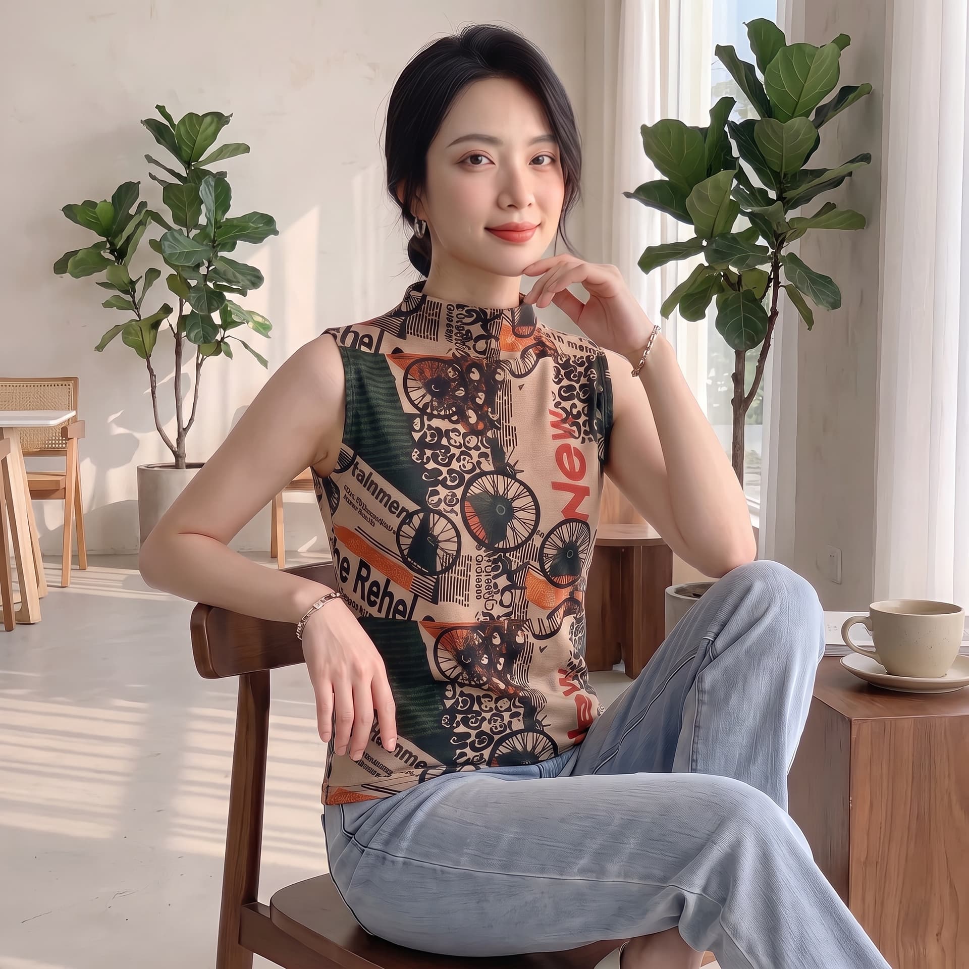 2026 가을 새로운 패션 알파벳 바퀴 프린트 민소매 반하이넥 티셔츠 여성 몸매 가꾸기 품격 맨위 작은 셔츠 상세 이미지 33
