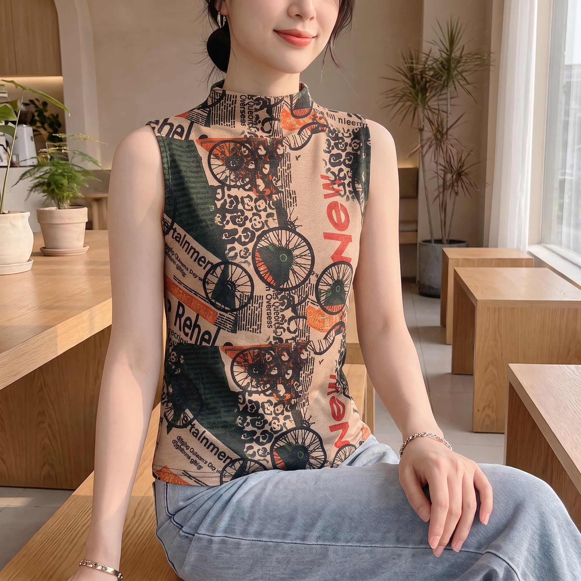 2026 가을 새로운 패션 알파벳 바퀴 프린트 민소매 반하이넥 티셔츠 여성 몸매 가꾸기 품격 맨위 작은 셔츠 상세 이미지 36