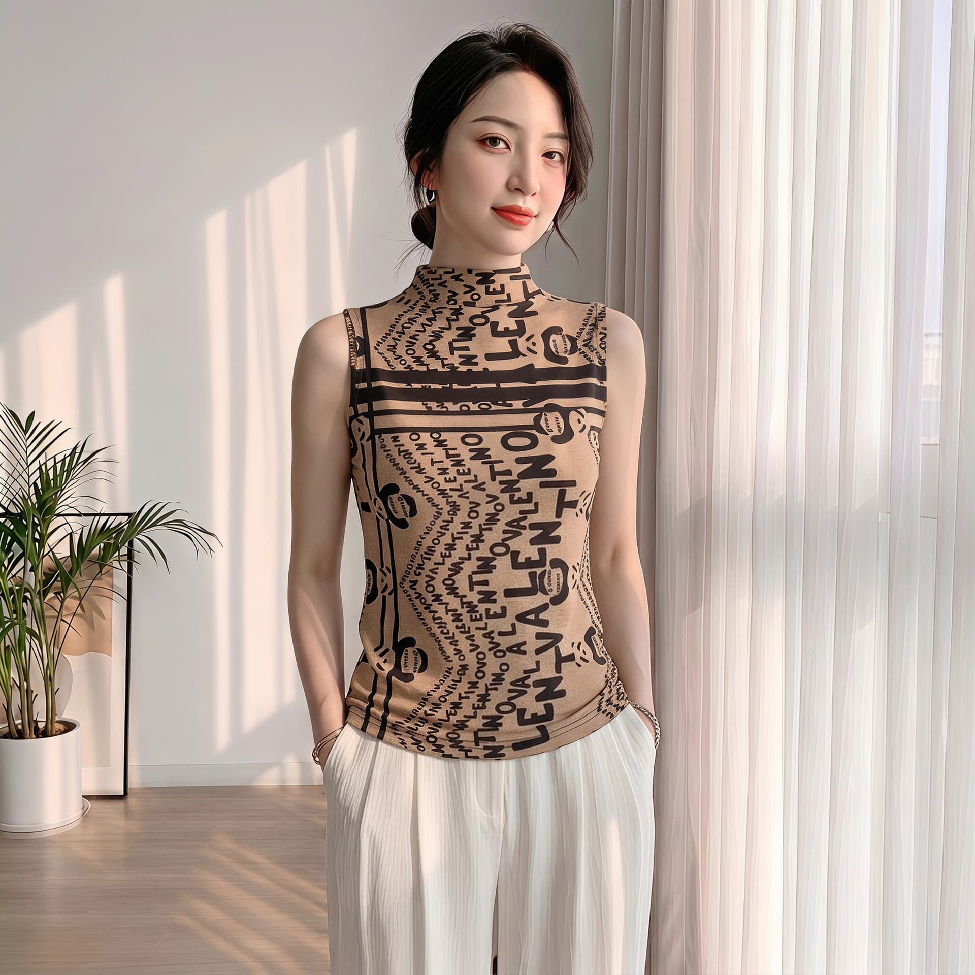 2026 가을 새로운 패션 알파벳 바퀴 프린트 민소매 반하이넥 티셔츠 여성 몸매 가꾸기 품격 맨위 작은 셔츠 상세 이미지 42