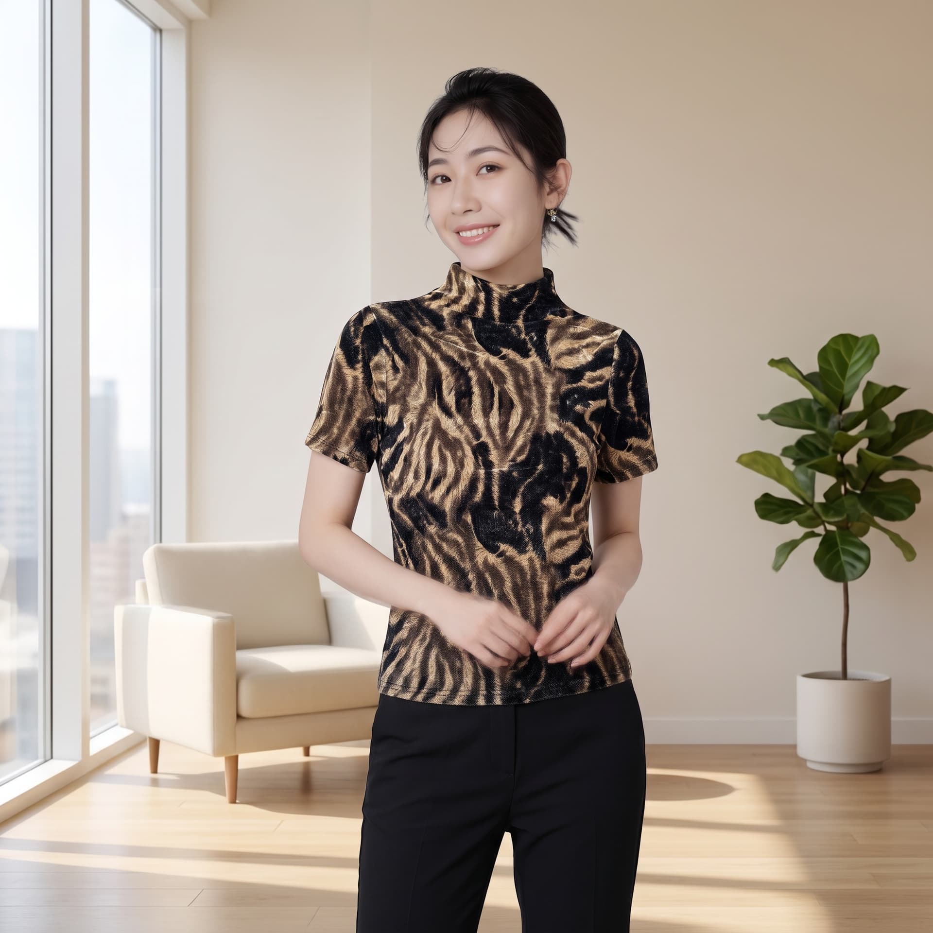 2026 이른 가을 새로운 터틀넥 반팔 티셔츠 여성 레트로 레오파드 무늬 식물 플러시 높음 폭탄 몸매 가꾸기 슬림해 보이는 기본 셔츠 맨위 이미지 5