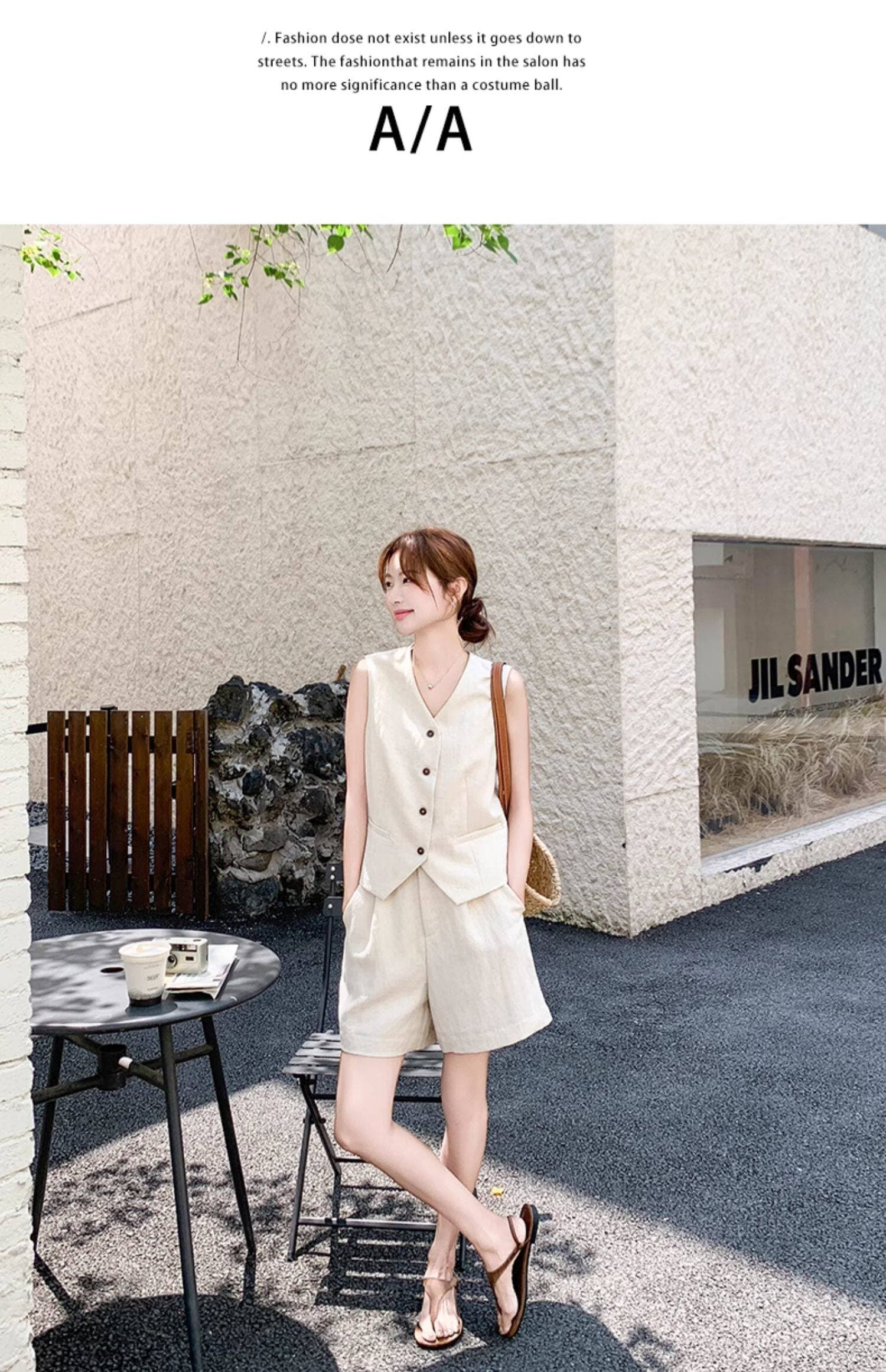 고급 센스 오래된 돈 바람 아마 베이지 색 민소매 싱글 줄 버튼 베스트 넓은 다리가 짧다. 바지 투피스 슈트 여성 2026 여름 상세 이미지 8