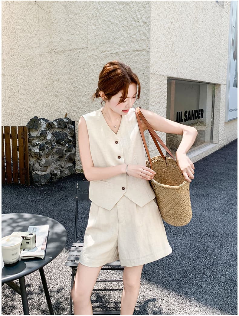 고급 센스 오래된 돈 바람 아마 베이지 색 민소매 싱글 줄 버튼 베스트 넓은 다리가 짧다. 바지 투피스 슈트 여성 2026 여름 상세 이미지 10