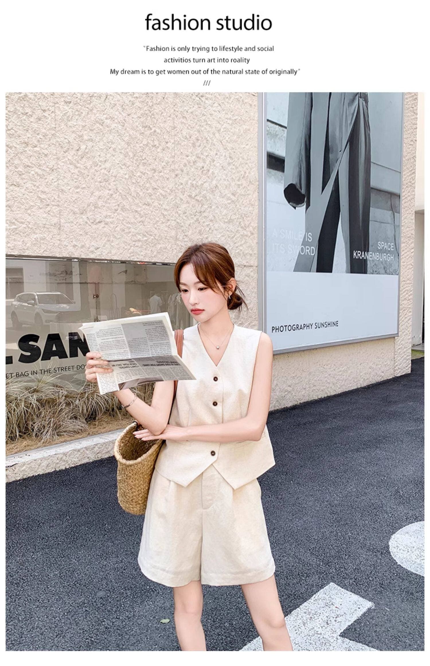 고급 센스 오래된 돈 바람 아마 베이지 색 민소매 싱글 줄 버튼 베스트 넓은 다리가 짧다. 바지 투피스 슈트 여성 2026 여름 상세 이미지 14