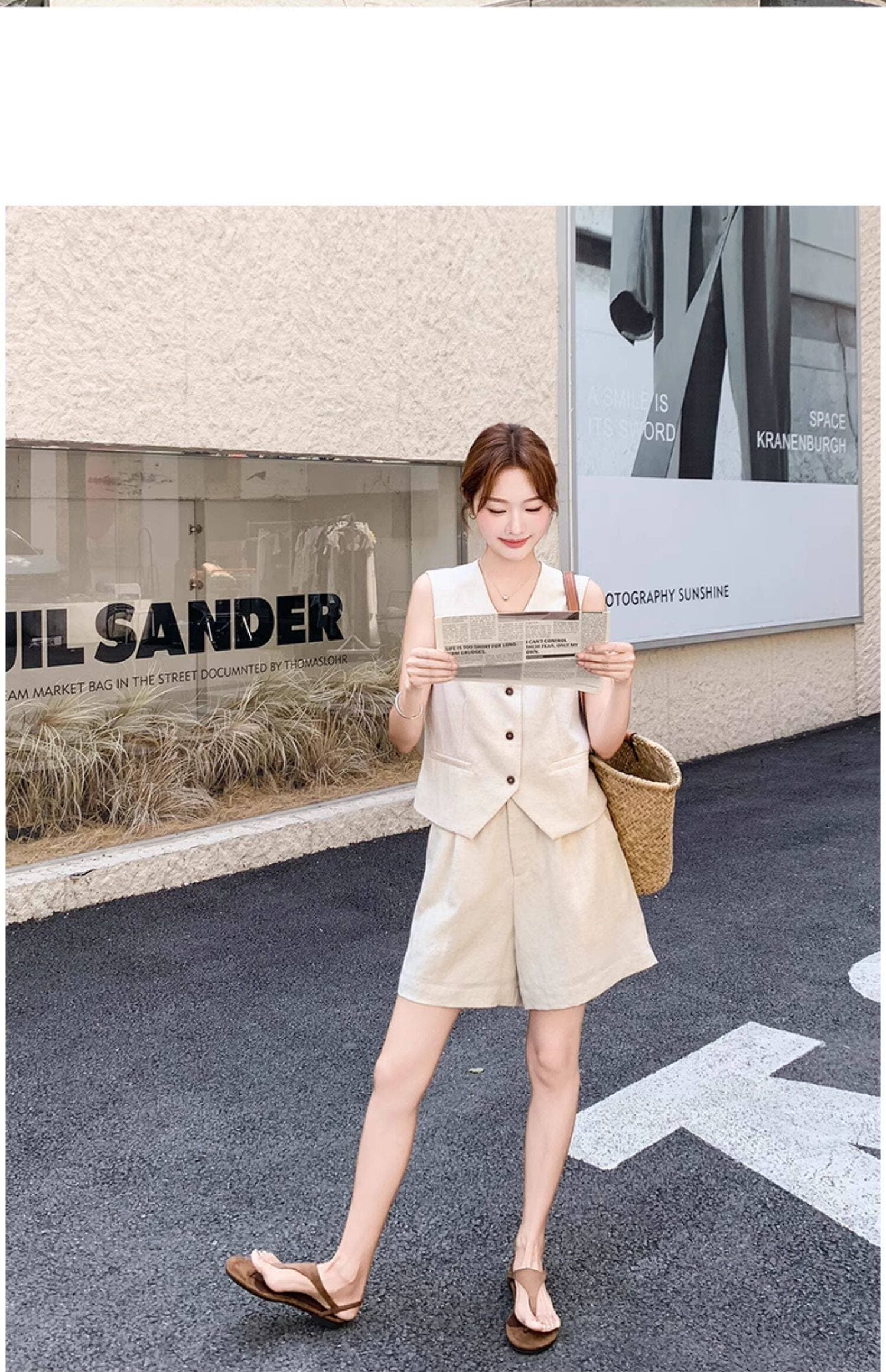 고급 센스 오래된 돈 바람 아마 베이지 색 민소매 싱글 줄 버튼 베스트 넓은 다리가 짧다. 바지 투피스 슈트 여성 2026 여름 상세 이미지 16