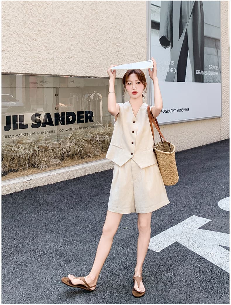 고급 센스 오래된 돈 바람 아마 베이지 색 민소매 싱글 줄 버튼 베스트 넓은 다리가 짧다. 바지 투피스 슈트 여성 2026 여름 상세 이미지 17