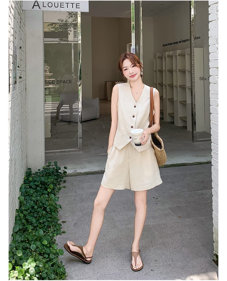고급 센스 오래된 돈 바람 아마 베이지 색 민소매 싱글 줄 버튼 베스트 넓은 다리가 짧다. 바지 투피스 슈트 여성 2026 여름 상세 이미지 19