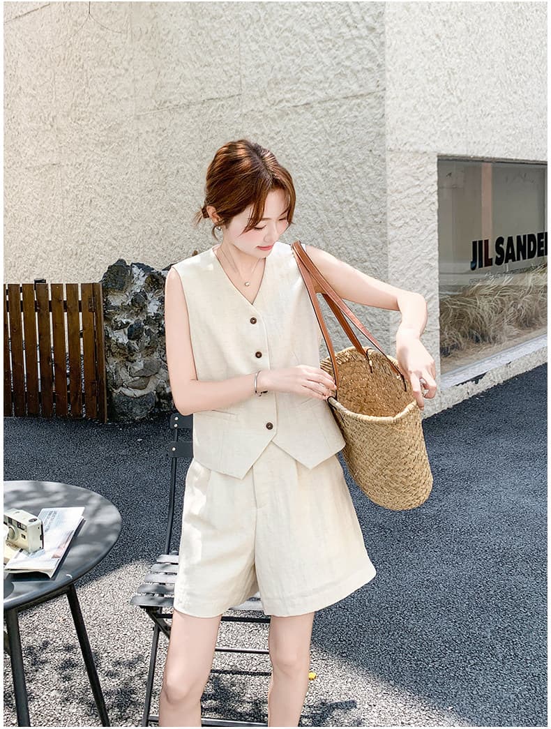 고급 센스 오래된 돈 바람 아마 베이지 색 민소매 싱글 줄 버튼 베스트 넓은 다리가 짧다. 바지 투피스 슈트 여성 2026 여름 상세 이미지 21